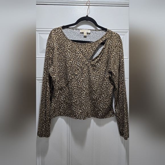 MICHAEL KORS Leopard Animal Print gold Button Front Knit Top Xl LONG SLEEVE - Picture 4 of 8